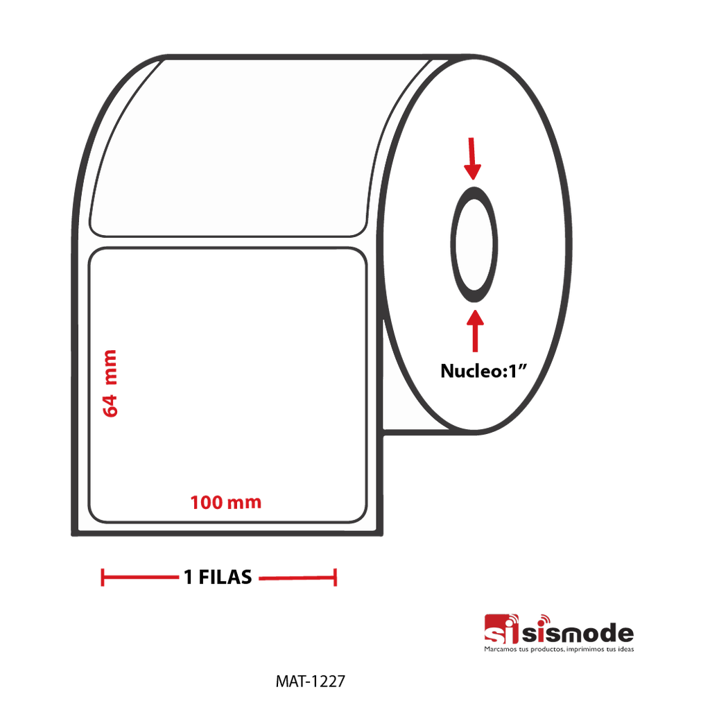 ETIQUETAS PARA IMPRESIÓN  TERMICO SEMI RECUBIERTO AVANCE 64 MM ANCHO 100  MM NUCLEO 1” 1 FILA (S) 1104 ETIQ X ROLLO